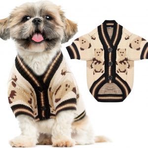 Small Dog Sweaters Cute Bear Dog Cardigans Clothes for Small Medium Dogs Boy Girl Puppy Cat Knitting Cardigan Outfits Dog Winter Coats Warm Pet Dog Clothes Soft Knitwear Apparel (Beige,L)